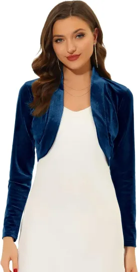 Allegra K Women's Long Sleeve Velvet Shrug Cocktail Party Open Front Cropped Bolero Cardigan Top