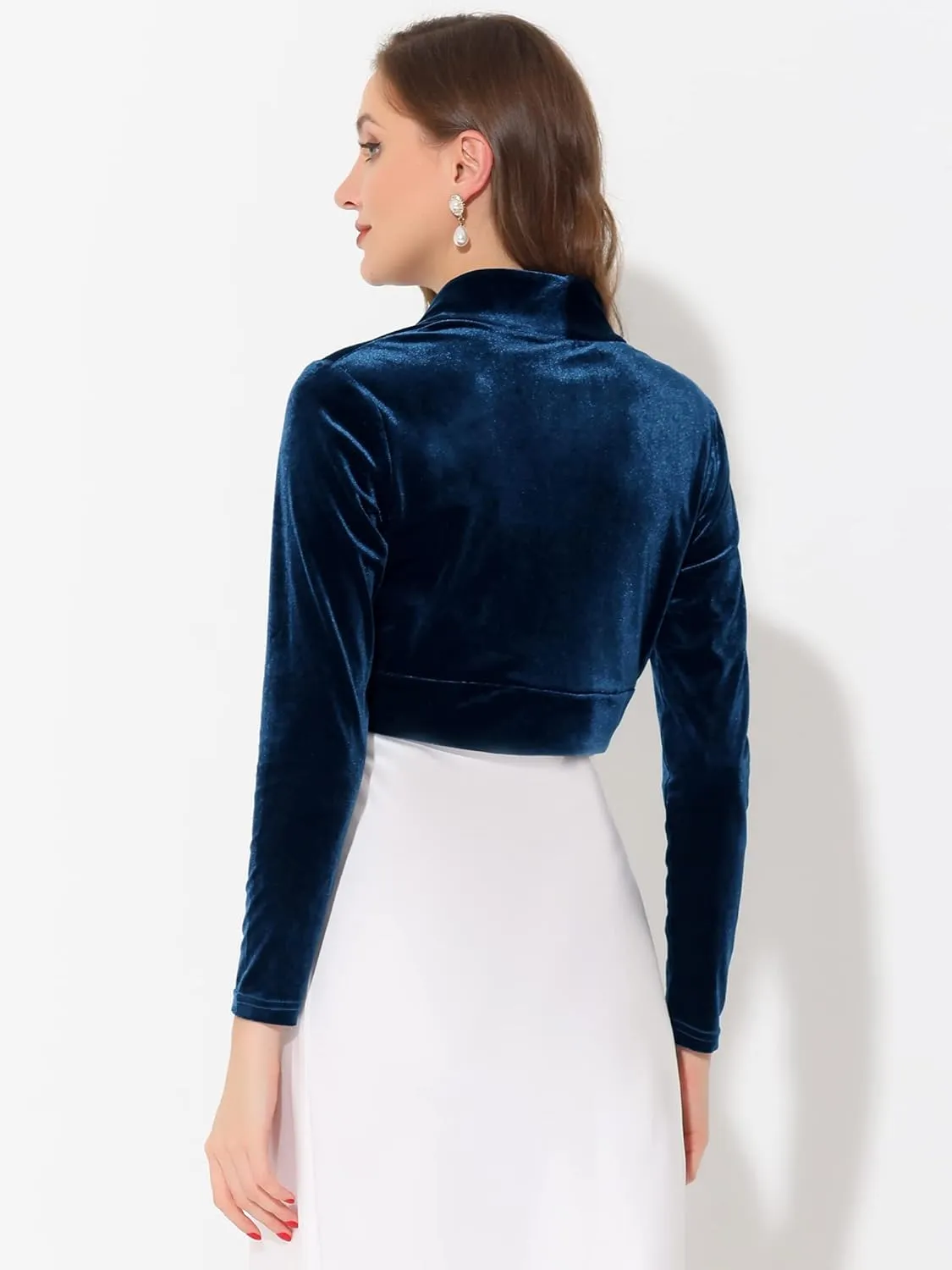 Allegra K Women's Long Sleeve Velvet Shrug Cocktail Party Open Front Cropped Bolero Cardigan Top