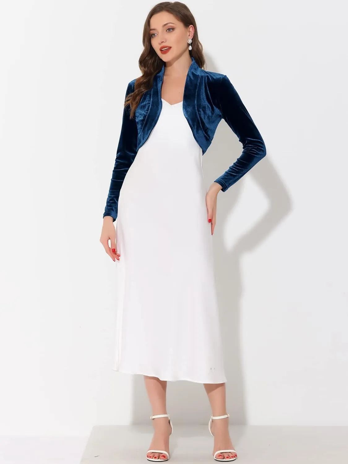 Allegra K Women's Long Sleeve Velvet Shrug Cocktail Party Open Front Cropped Bolero Cardigan Top