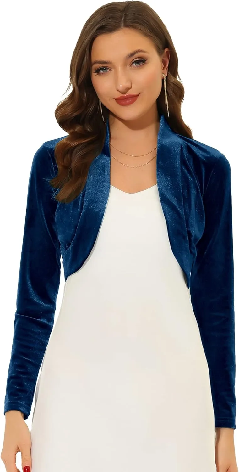 Allegra K Women's Long Sleeve Velvet Shrug Cocktail Party Open Front Cropped Bolero Cardigan Top