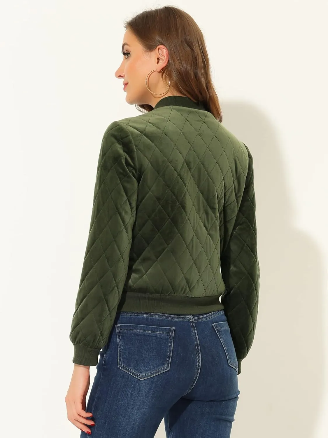 Allegra K Women's Zip Up Jacket Long Sleeve Velvet Surface Diamond Quilted Bomber Jackets