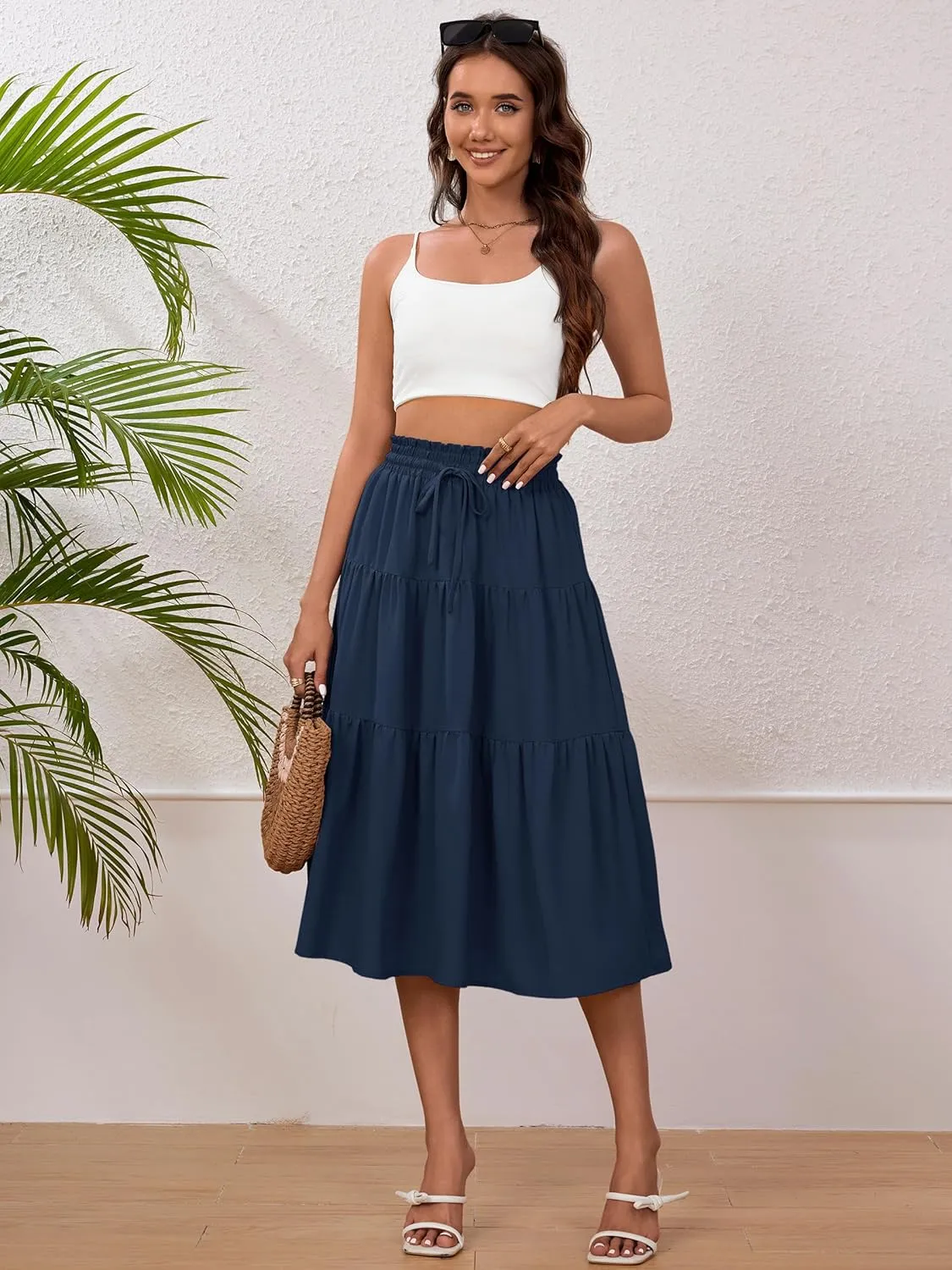 Anbech Women's Midi Skirt Elastic High Waisted Summer Pleated Beach Casual Skirts