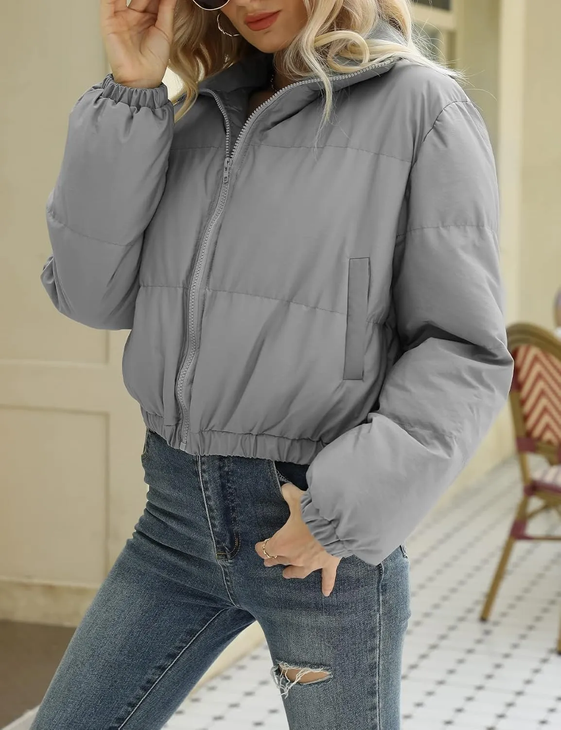 Arssm Women Cropped Puffer Jackets Casual Winter Warm Padding Quilted Crop Short Coat