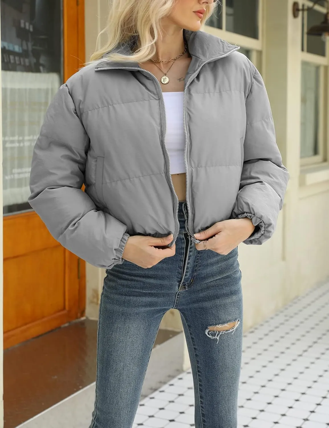 Arssm Women Cropped Puffer Jackets Casual Winter Warm Padding Quilted Crop Short Coat