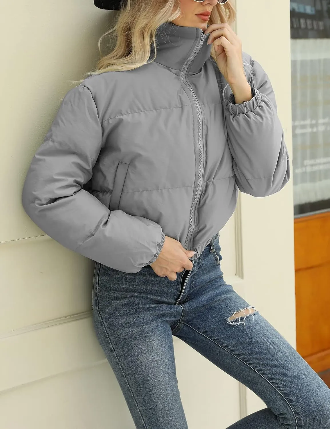 Arssm Women Cropped Puffer Jackets Casual Winter Warm Padding Quilted Crop Short Coat