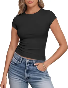 Artfish Women's Short Sleeve Shirts Crewneck Cropped Workout Slim Fitted Ribbed Casual Basic T-Shirts