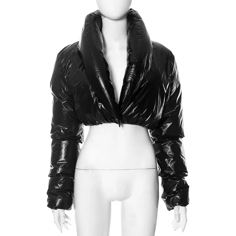 cold weather outfits Joskaa Unique Black PU Leather Puffer Jacket Women Big Bubble Laple Short Bubble Coat One Buckle High Waist Cardigan Jacket Puff Parkas
