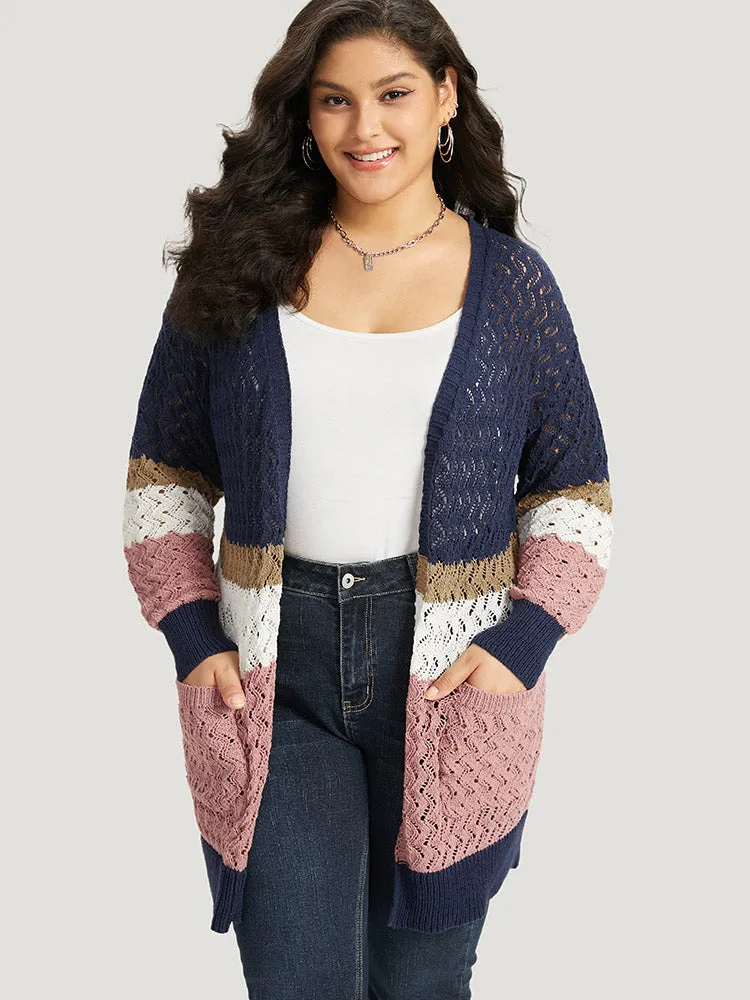Colorblock Eyelet Patched Pocket Cardigan