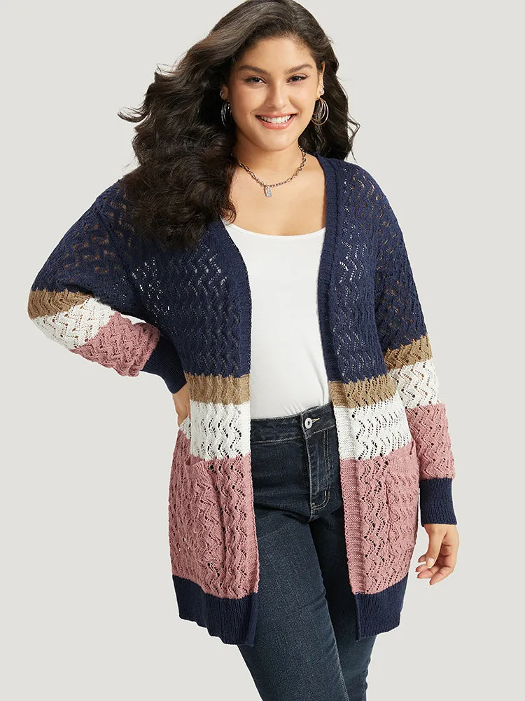 Colorblock Eyelet Patched Pocket Cardigan