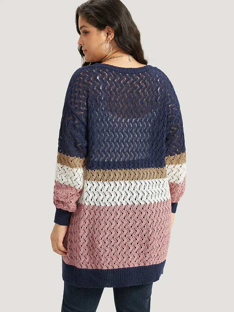 Colorblock Eyelet Patched Pocket Cardigan
