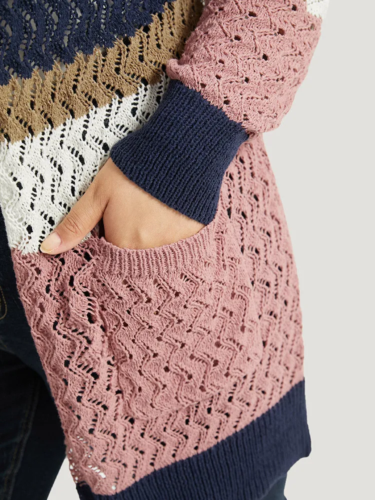 Colorblock Eyelet Patched Pocket Cardigan