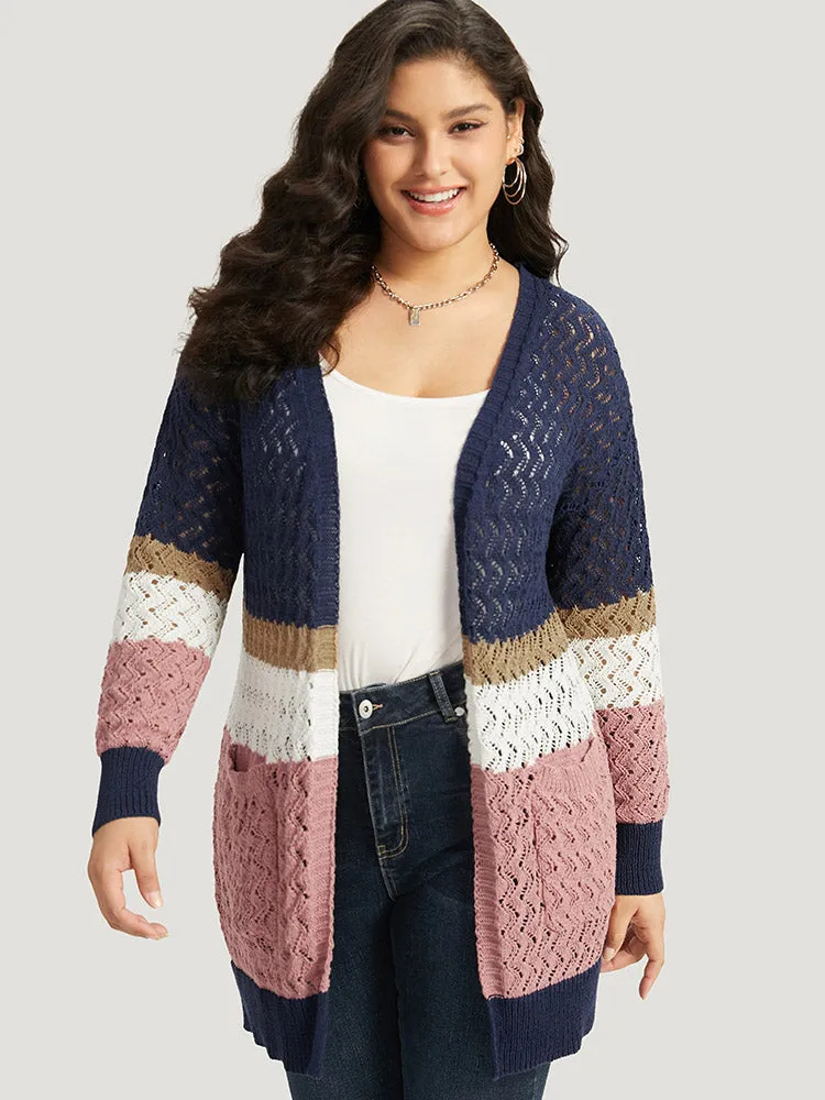 Colorblock Eyelet Patched Pocket Cardigan