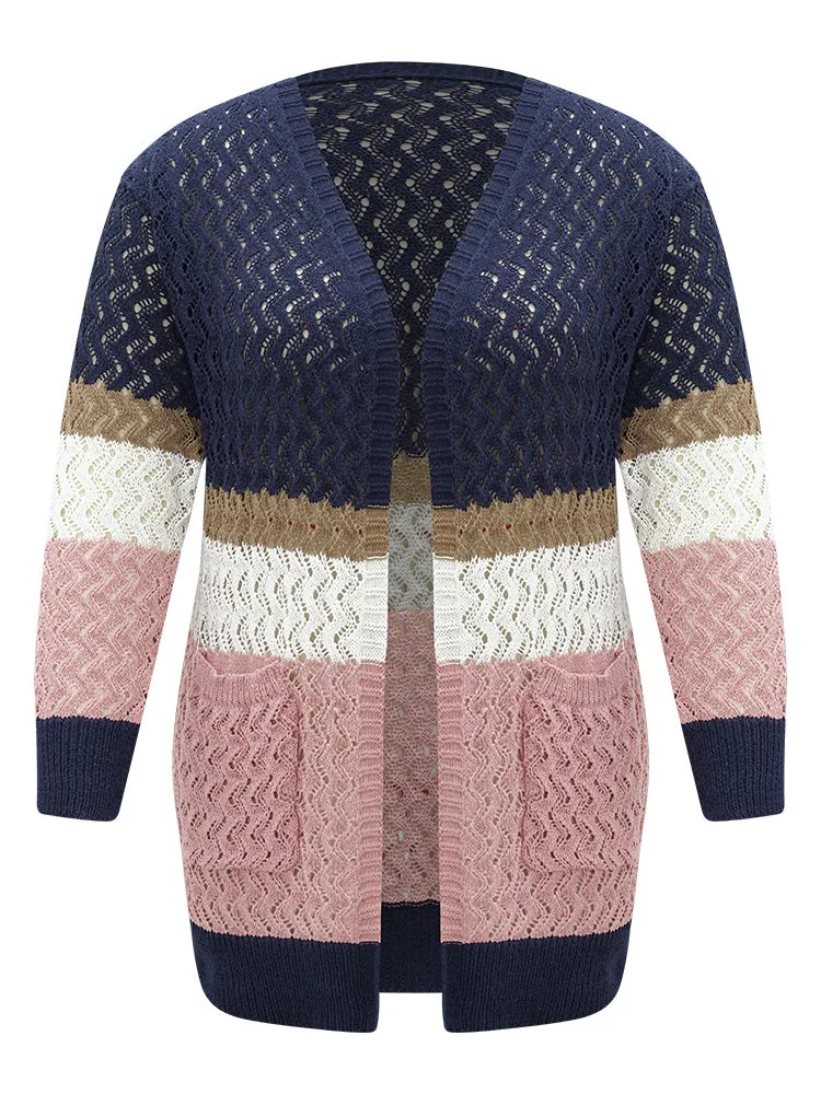 Colorblock Eyelet Patched Pocket Cardigan