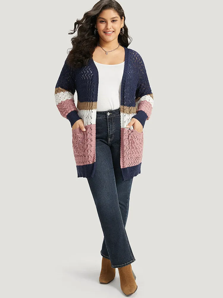 Colorblock Eyelet Patched Pocket Cardigan