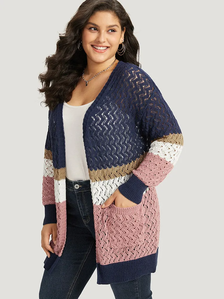 Colorblock Eyelet Patched Pocket Cardigan