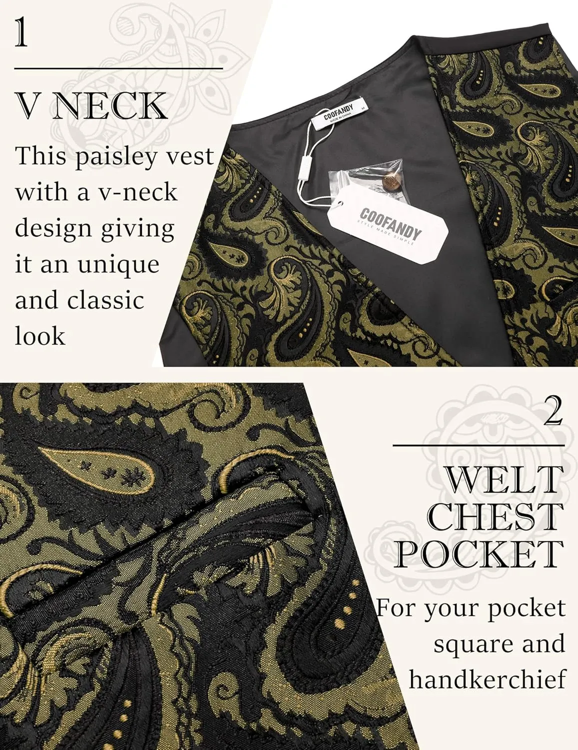 COOFANDY Men's Paisley Vests Victorian Steampunk Gothic Suit Vest Slim Fit V-Neck Tuxedo Waistcoat