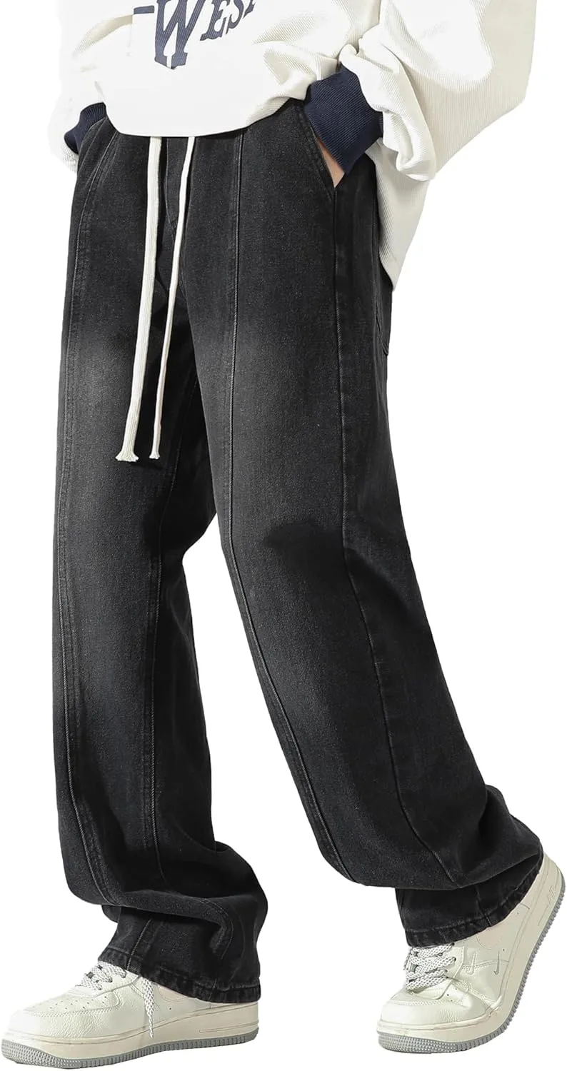 DOSLAVIDA Men's Regular Fit Straight Leg Jeans Casual Drawstring Elastic Waist Denim Pants Lightweight Carpenter Jean