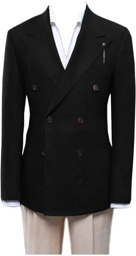 Double Breasted Peak Lapel Blazer Jacket for Men Linen Slim Fit Wedding Business Casual Sport Coats