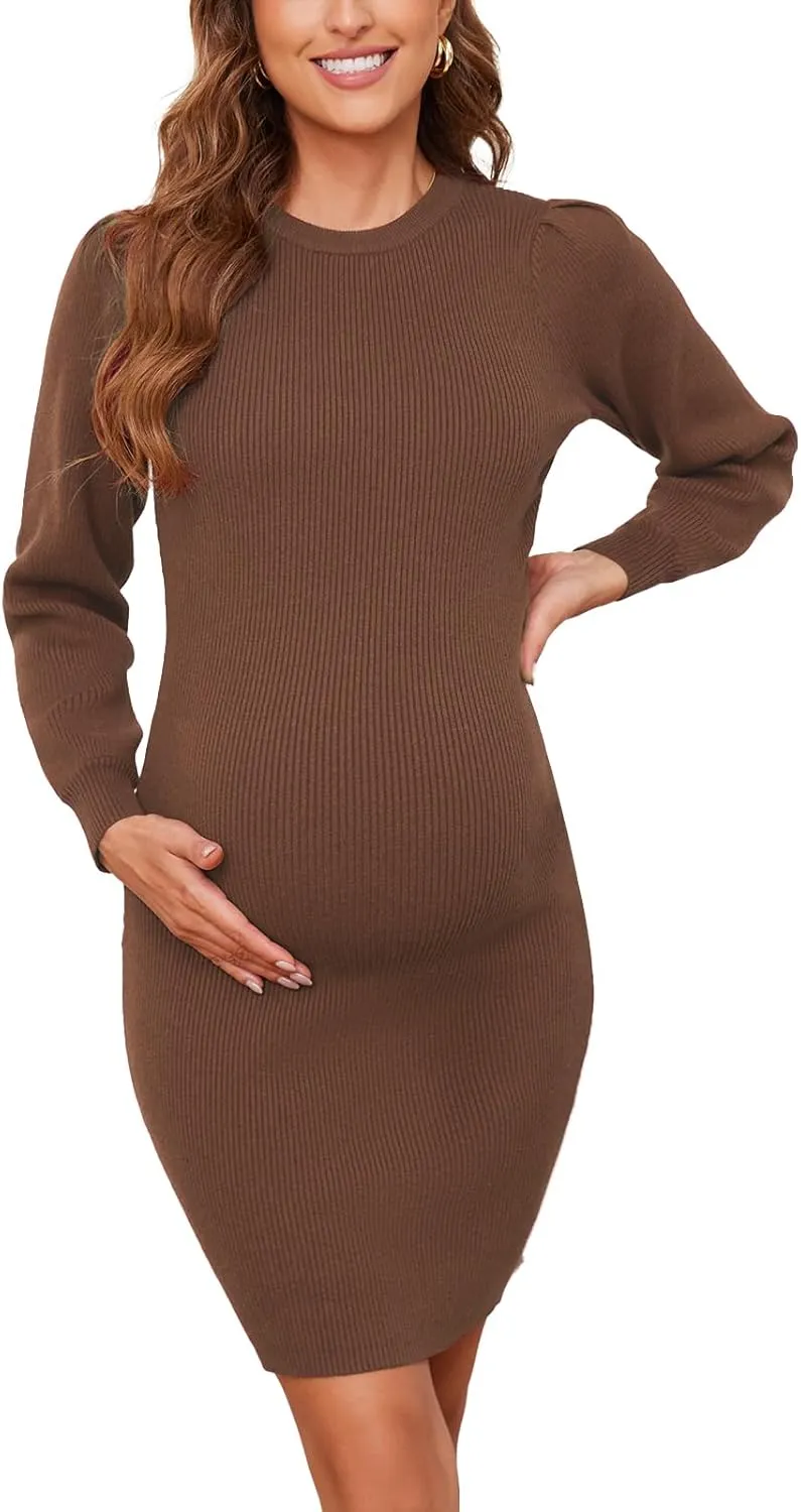Ecavus Women's Maternity Sweater Dress Long Bishop Sleeves Knit Pullover Bodycon Mini Dresses