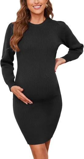 Ecavus Women's Maternity Sweater Dress Long Bishop Sleeves Knit Pullover Bodycon Mini Dresses