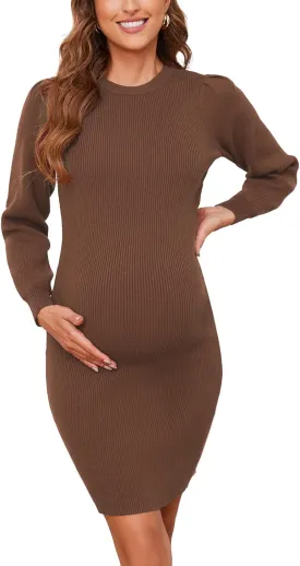 Ecavus Women's Maternity Sweater Dress Long Bishop Sleeves Knit Pullover Bodycon Mini Dresses
