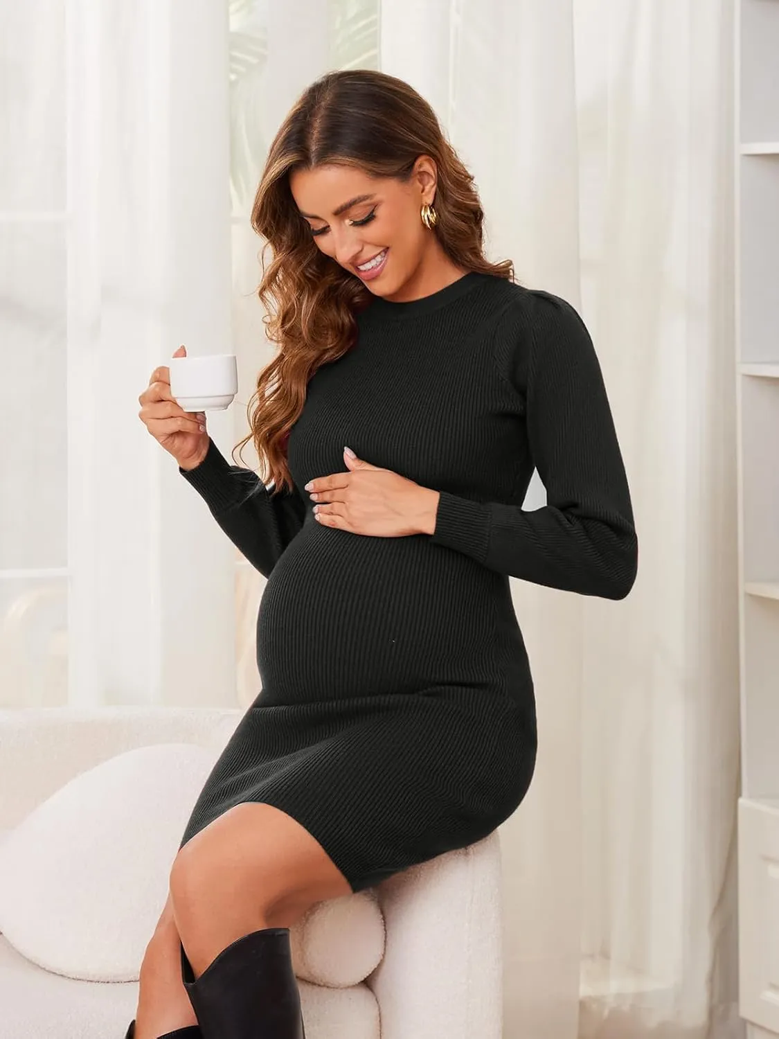 Ecavus Women's Maternity Sweater Dress Long Bishop Sleeves Knit Pullover Bodycon Mini Dresses