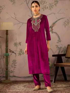 Embroidered Velvet Kurta With Trousers For Women