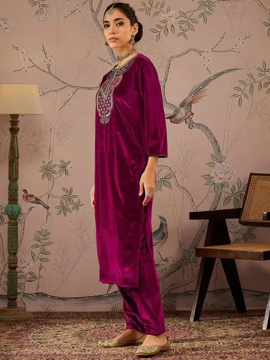 Embroidered Velvet Kurta With Trousers For Women