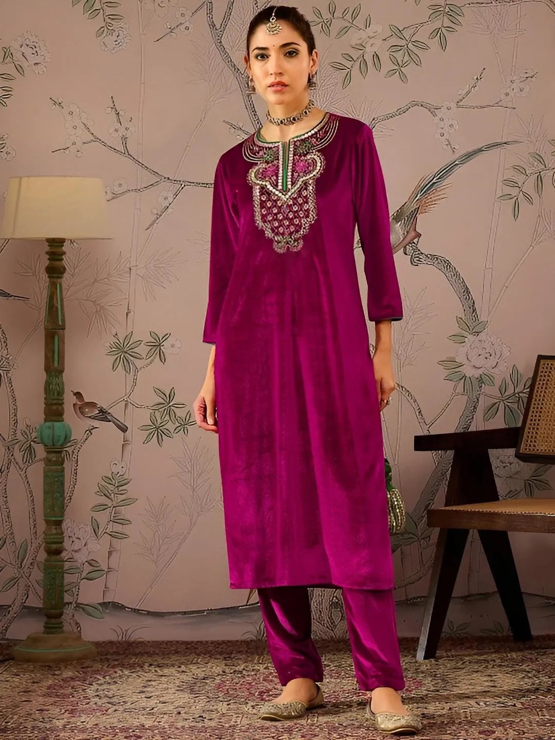 Embroidered Velvet Kurta With Trousers For Women