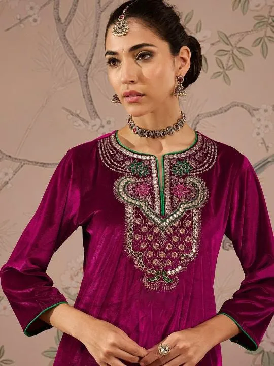 Embroidered Velvet Kurta With Trousers For Women