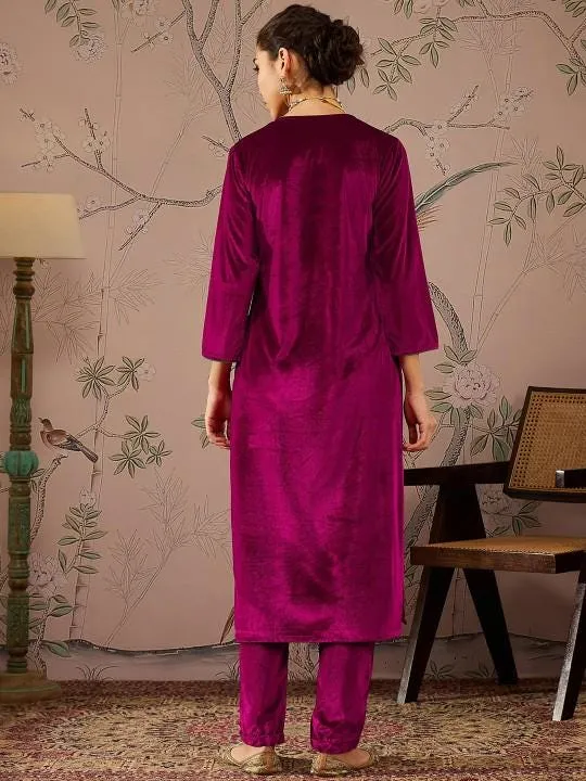 Embroidered Velvet Kurta With Trousers For Women