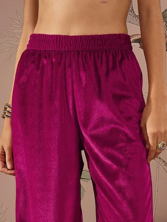 Embroidered Velvet Kurta With Trousers For Women