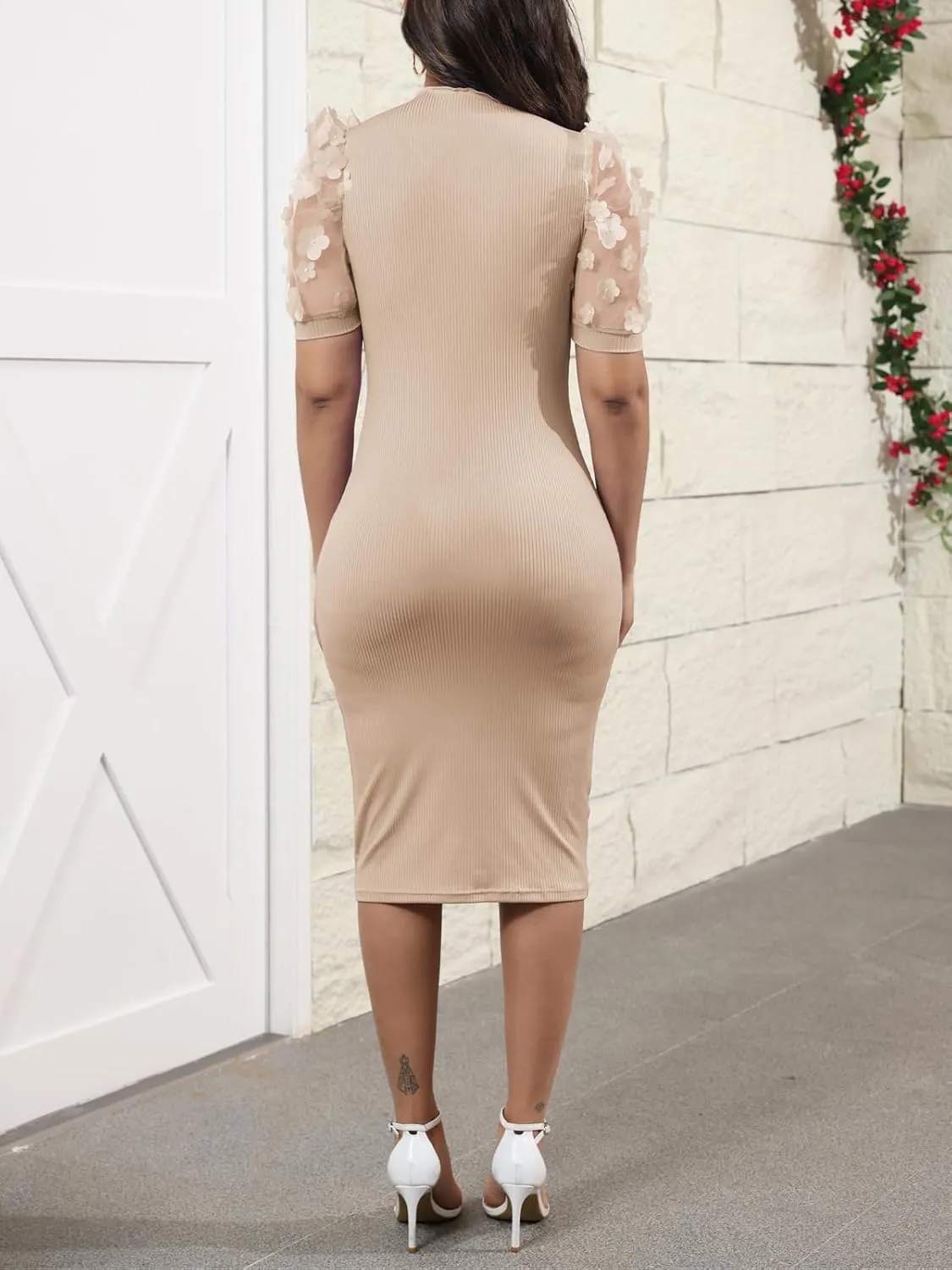 Fastkoala Women's Sexy Ribbed Bodycon Dress Lace Short Sleeve Slim Fit Midi Dress Turtle Neck Night Club Party Dresses
