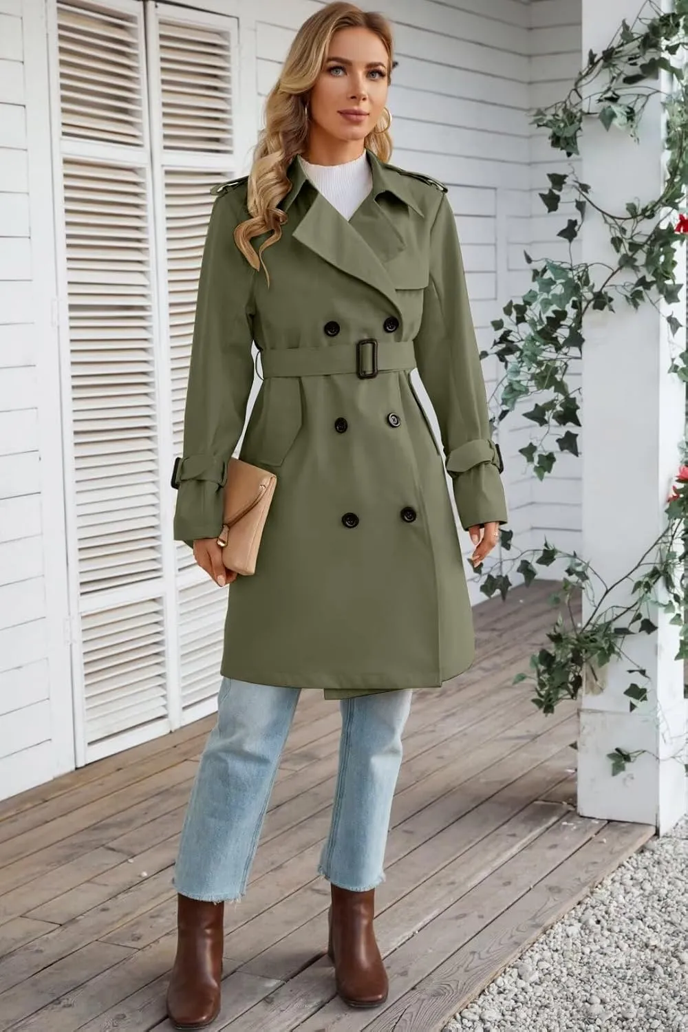 Joe Wenko Women's Waterproof Trench Coat Double Breasted Lapel Rain Coats for Women With Belt