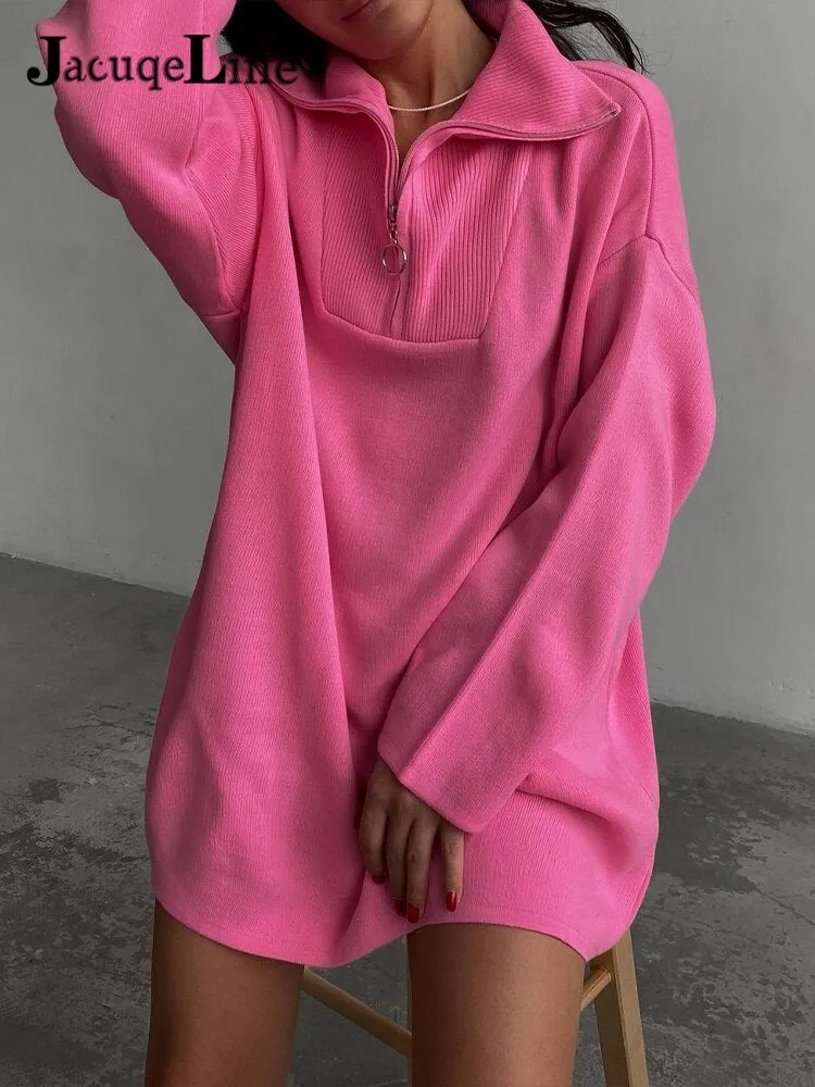 Joskaa hoco dresses Christmas Gift JacuqeLine 2024 Autumn Winter Zipper Mini Knitted Women's Dress Sweater Oversize Long Sleeve Y2K Top Party Woman Clothes Dresses