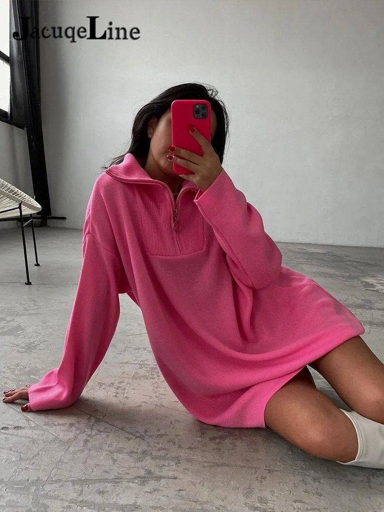 Joskaa hoco dresses Christmas Gift JacuqeLine 2024 Autumn Winter Zipper Mini Knitted Women's Dress Sweater Oversize Long Sleeve Y2K Top Party Woman Clothes Dresses