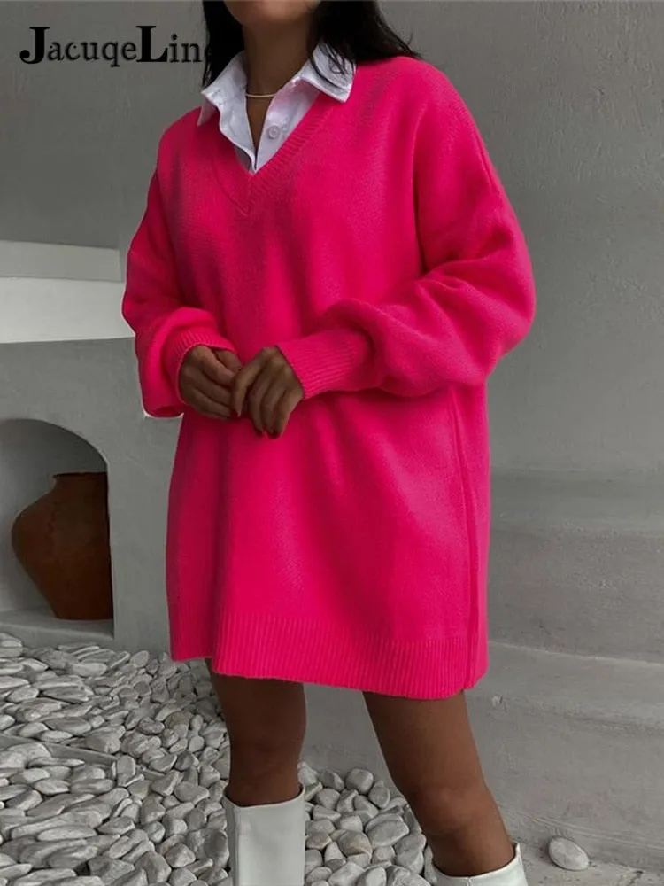 Joskaa hoco dresses Christmas Gift JacuqeLine 2024 Autumn Winter Zipper Mini Knitted Women's Dress Sweater Oversize Long Sleeve Y2K Top Party Woman Clothes Dresses