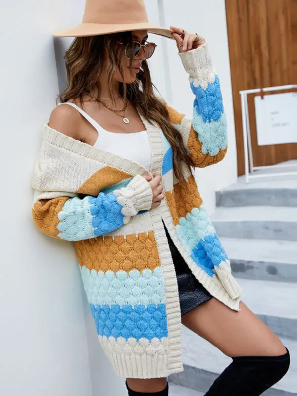Knit Color Block Open Front Mid-Length Chunky Cardigan