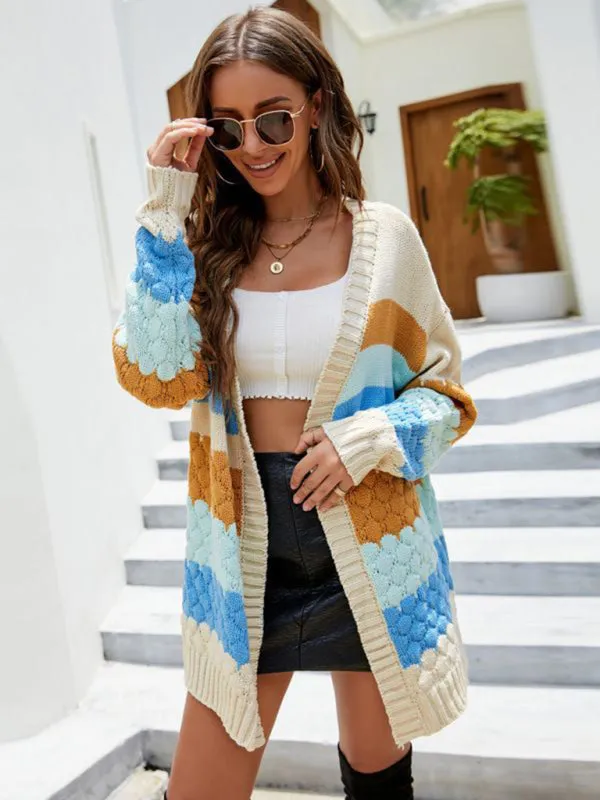 Knit Color Block Open Front Mid-Length Chunky Cardigan