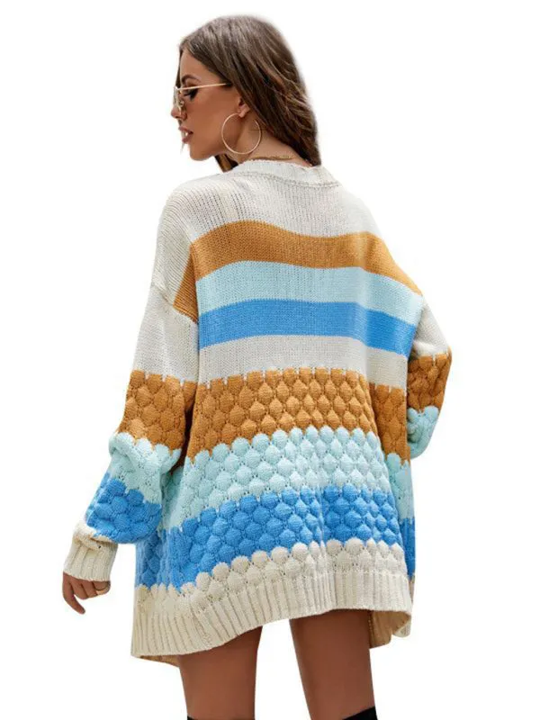 Knit Color Block Open Front Mid-Length Chunky Cardigan