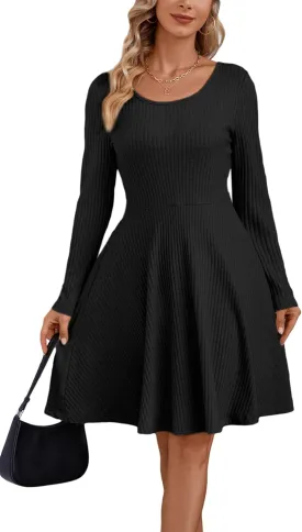 Kormei Womens Fall Knit Round Neck Casual Long Sleeve A Line Flowy Elegant Short Swing Party Dress
