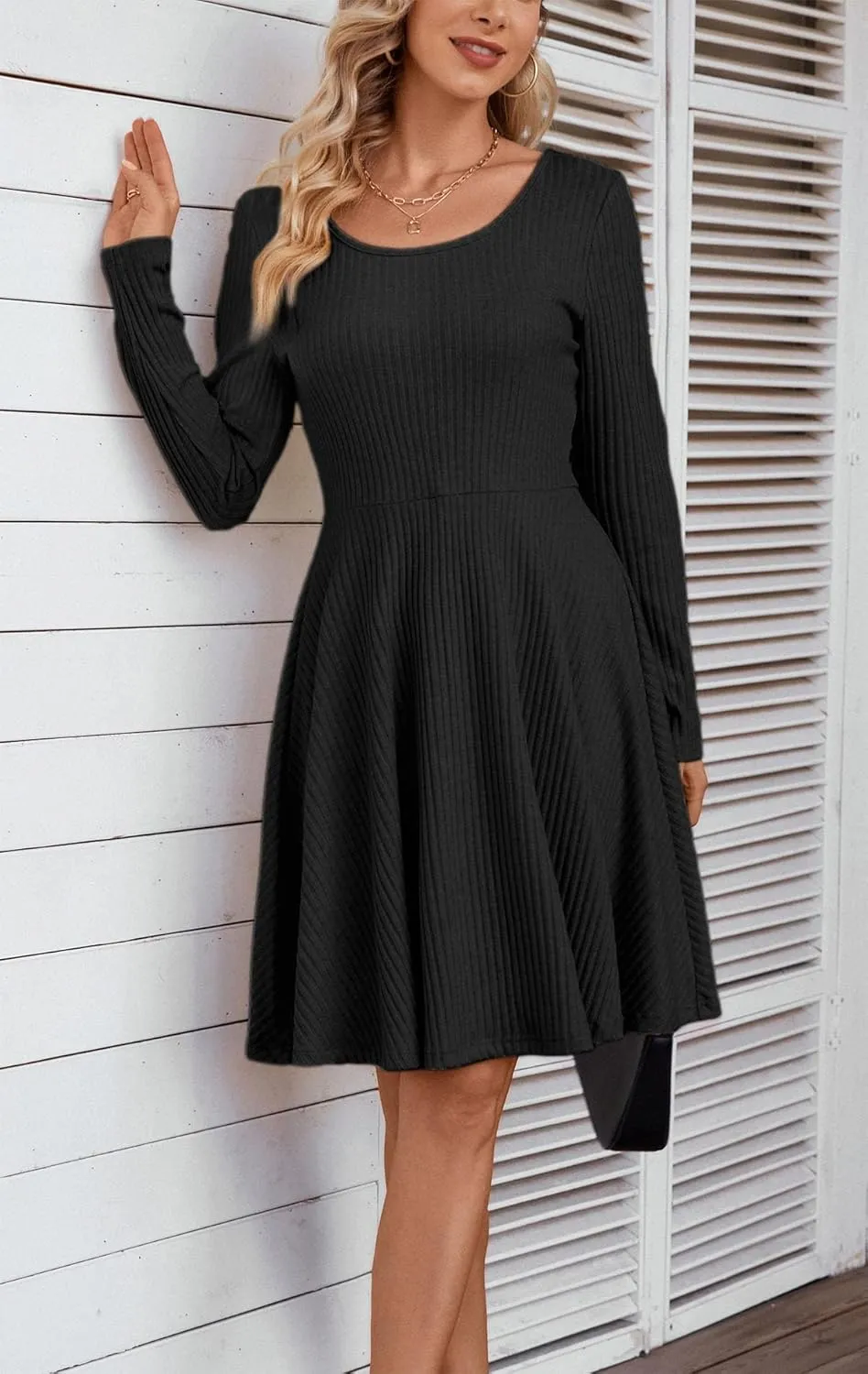 Kormei Womens Fall Knit Round Neck Casual Long Sleeve A Line Flowy Elegant Short Swing Party Dress