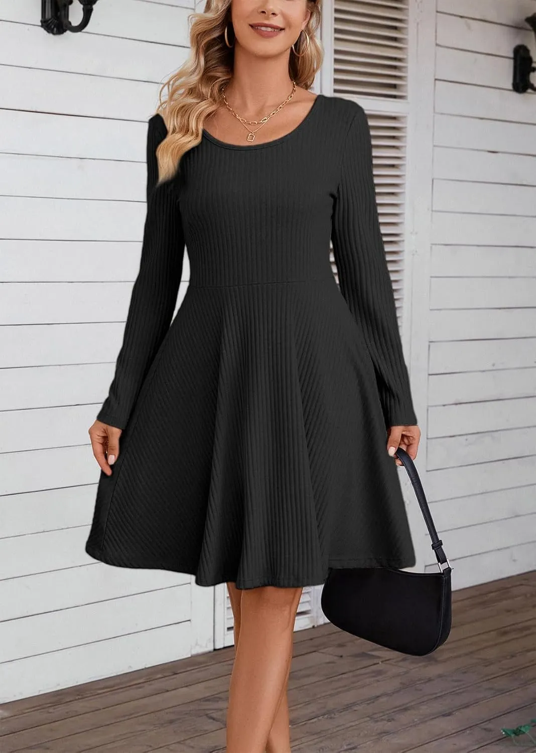 Kormei Womens Fall Knit Round Neck Casual Long Sleeve A Line Flowy Elegant Short Swing Party Dress