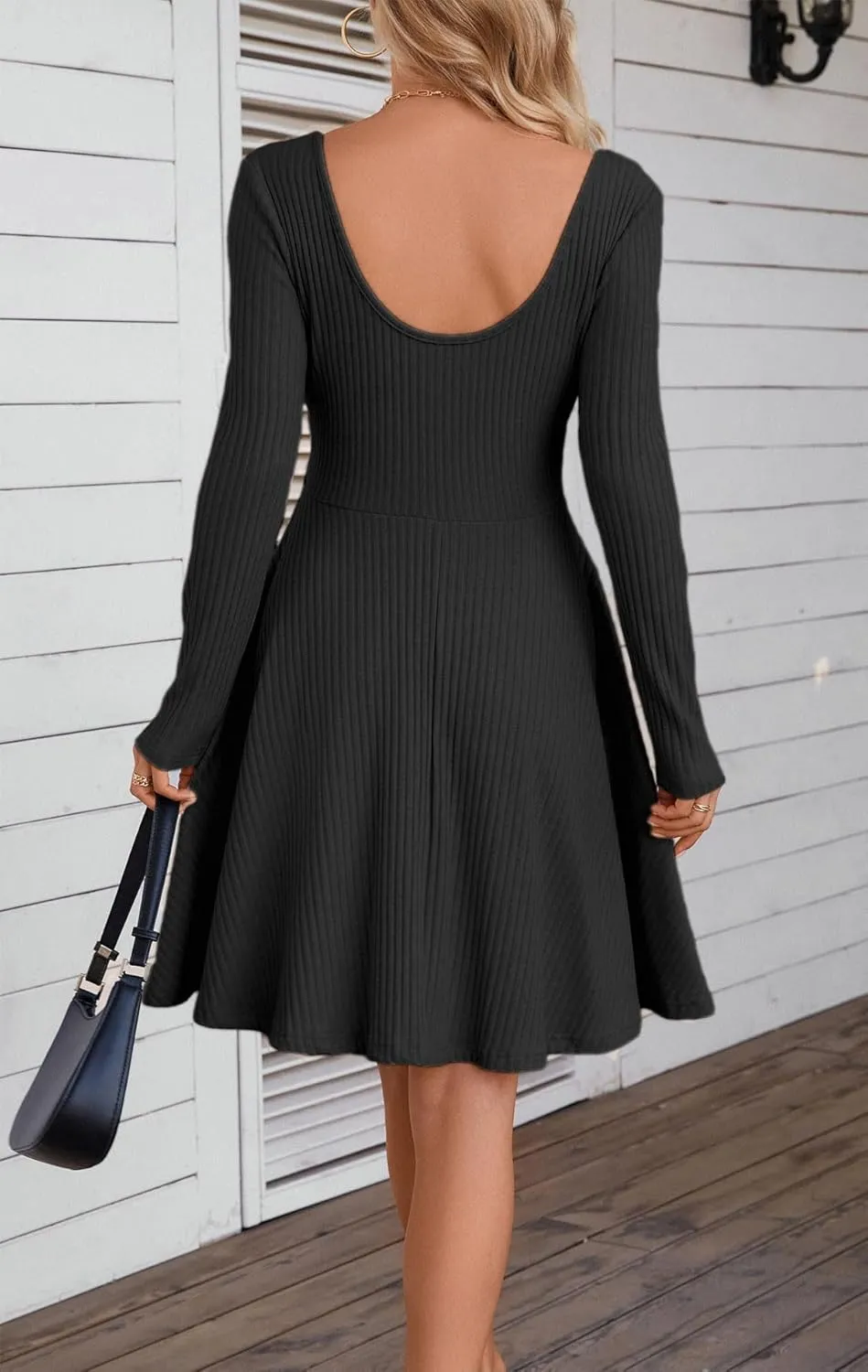 Kormei Womens Fall Knit Round Neck Casual Long Sleeve A Line Flowy Elegant Short Swing Party Dress