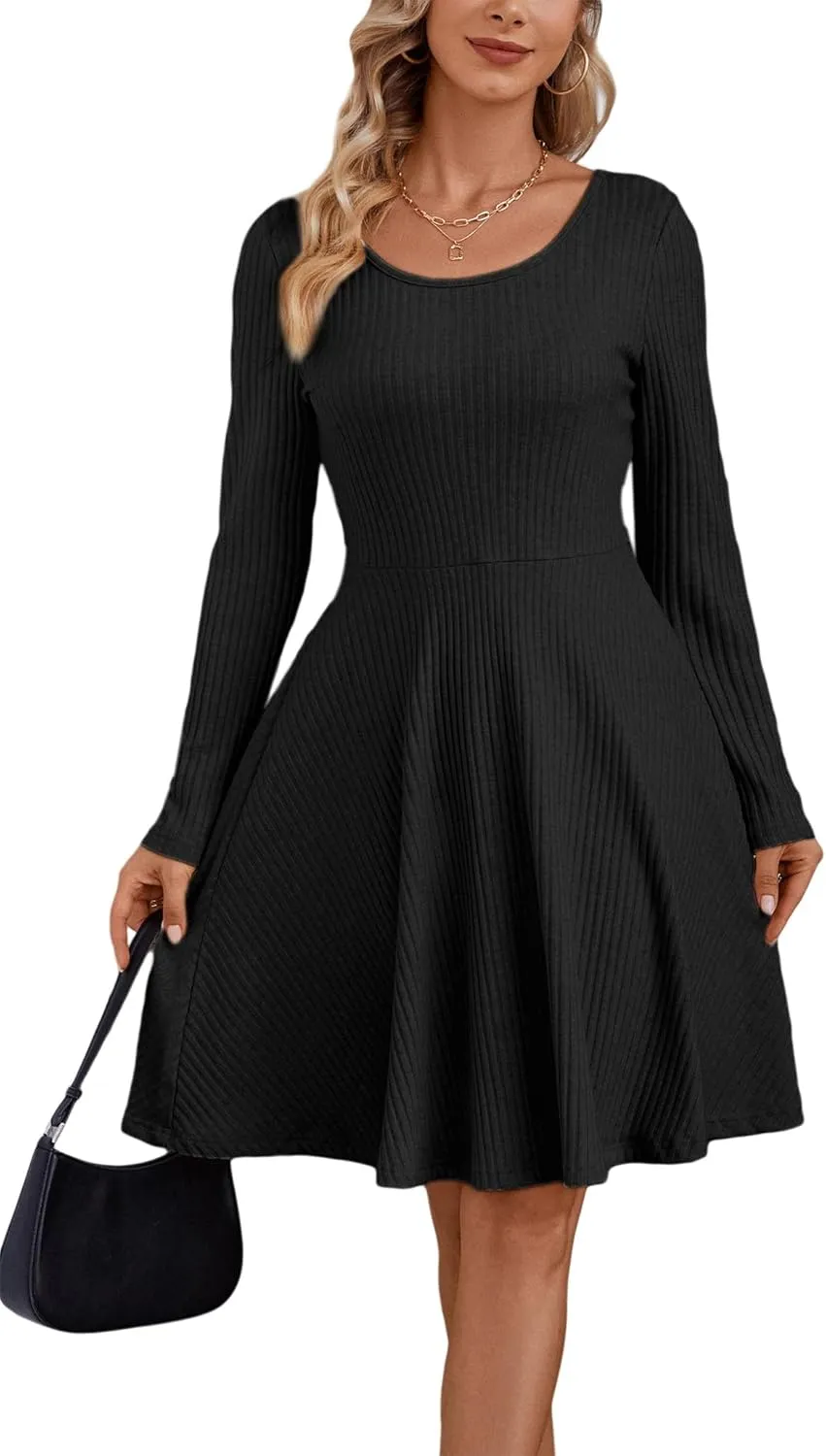Kormei Womens Fall Knit Round Neck Casual Long Sleeve A Line Flowy Elegant Short Swing Party Dress