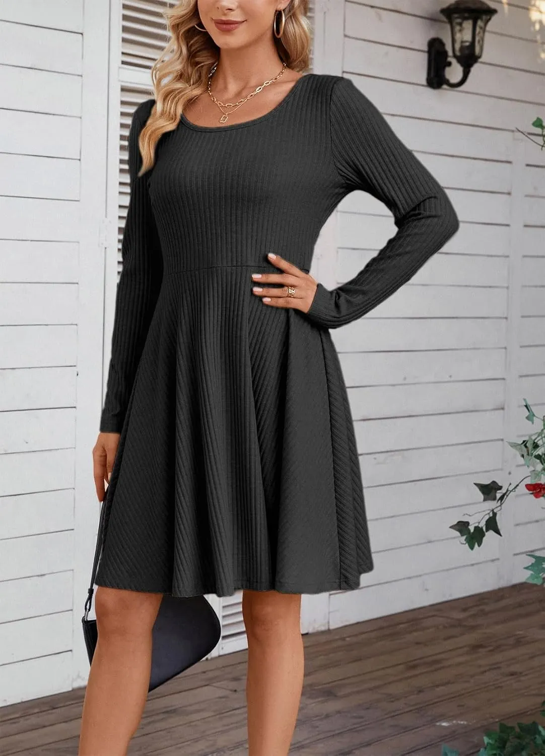 Kormei Womens Fall Knit Round Neck Casual Long Sleeve A Line Flowy Elegant Short Swing Party Dress