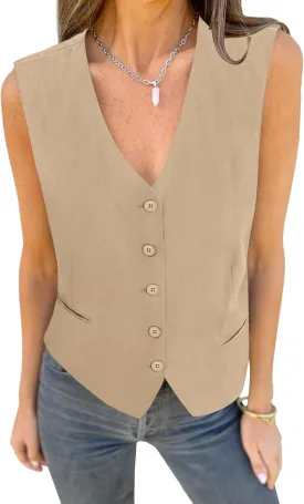 luvamia Womens Vests Linen Fashion Dressy Casual Lightweight Button Down Sleeveless Blazer Lined Work Waistcoat Vest Top