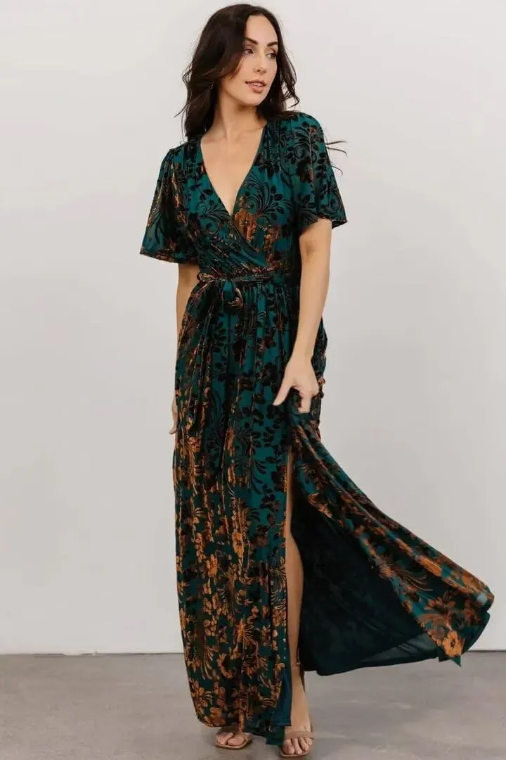 Maxianever Velvet Maxi Dresses for Women Floral Short Sleeve V Neck Long Wedding Guest Gown with Slit