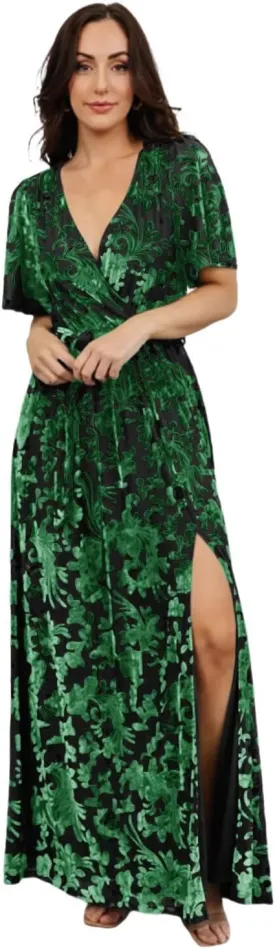 Maxianever Velvet Maxi Dresses for Women Floral Short Sleeve V Neck Long Wedding Guest Gown with Slit