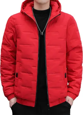Mens Hooded Bomber Jacket Full Zip Lightweight Casual Windbreaker Windproof Quilted Jacket Warm Winter Padded Coats